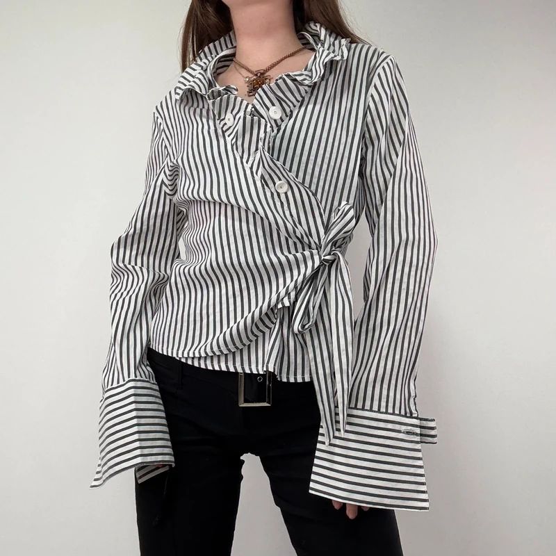 Asymmetric Pinstripe Wrap Ruffle Shirt