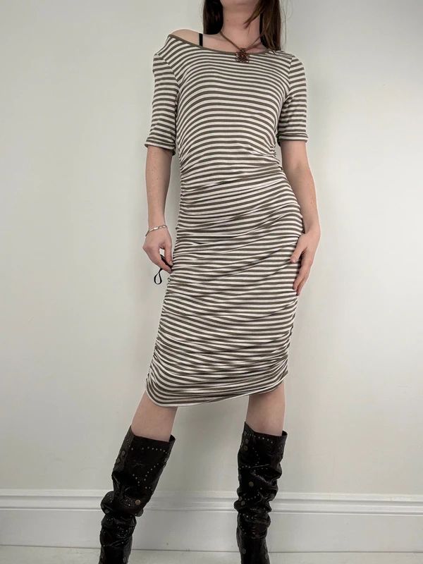 khaki striped gathered cinched midi dress
