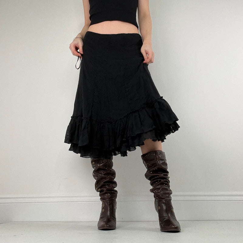 black crinkle pleated ruffle midi skirt