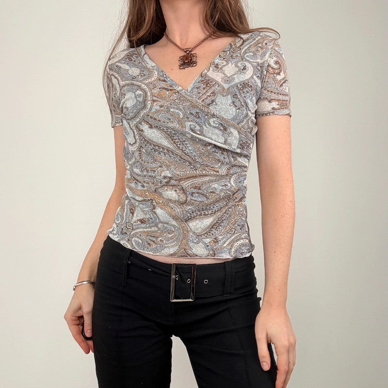 grey brown paisley mesh gathered wrap top
