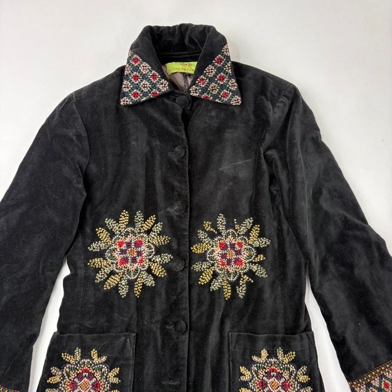 embroidered black velvet longline jacket