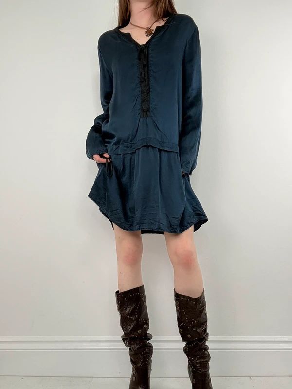navy silk drop waist long sleeve shirt dress