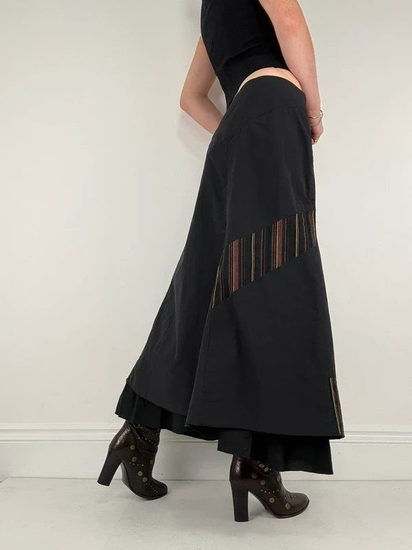 Black flared pleated pinstriped layered maxi skirt