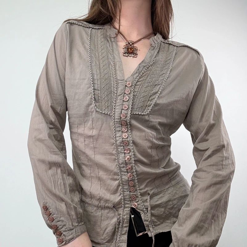 Brown Lace cotton Button Shirt