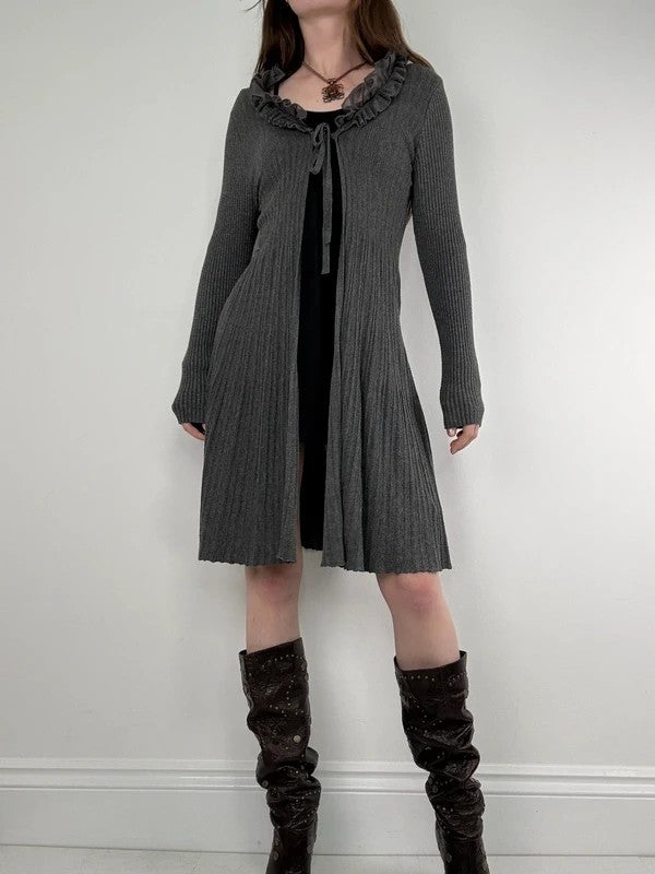 ribbed knit flutter grey long ruffle cardigan