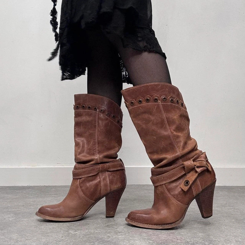 tan leather slouchy studded boots