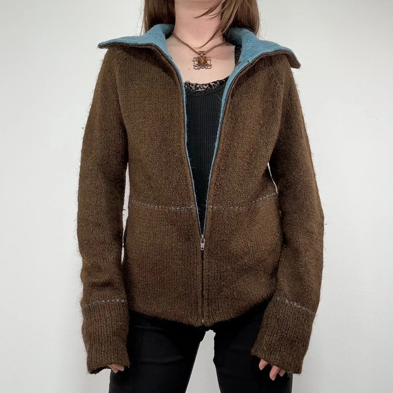 brown knit flared zip through cardigan