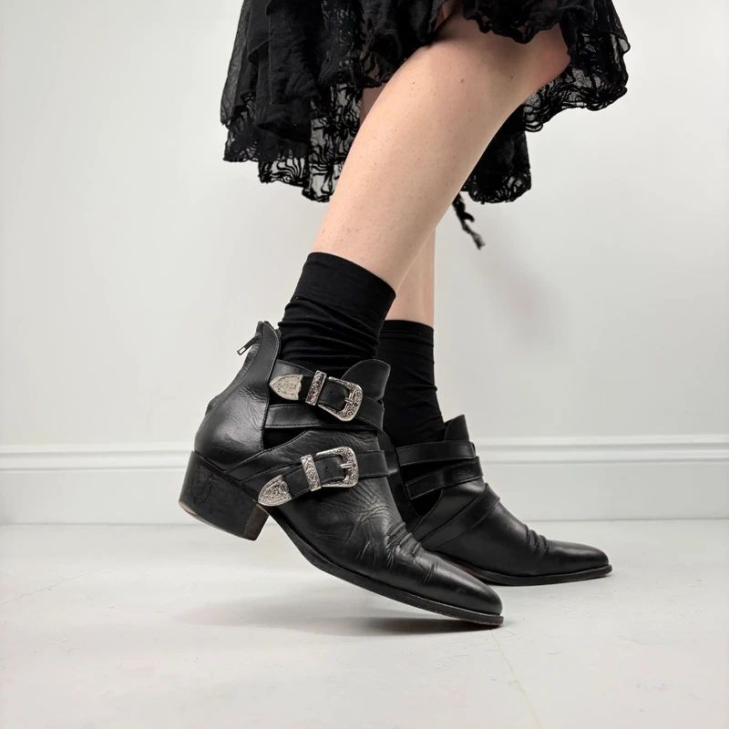 The Kooples black leather buckle western boho boots