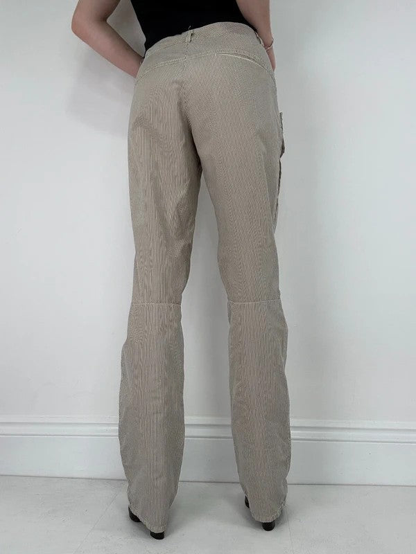 beige pinstripe cargo slim fit cotton trousers