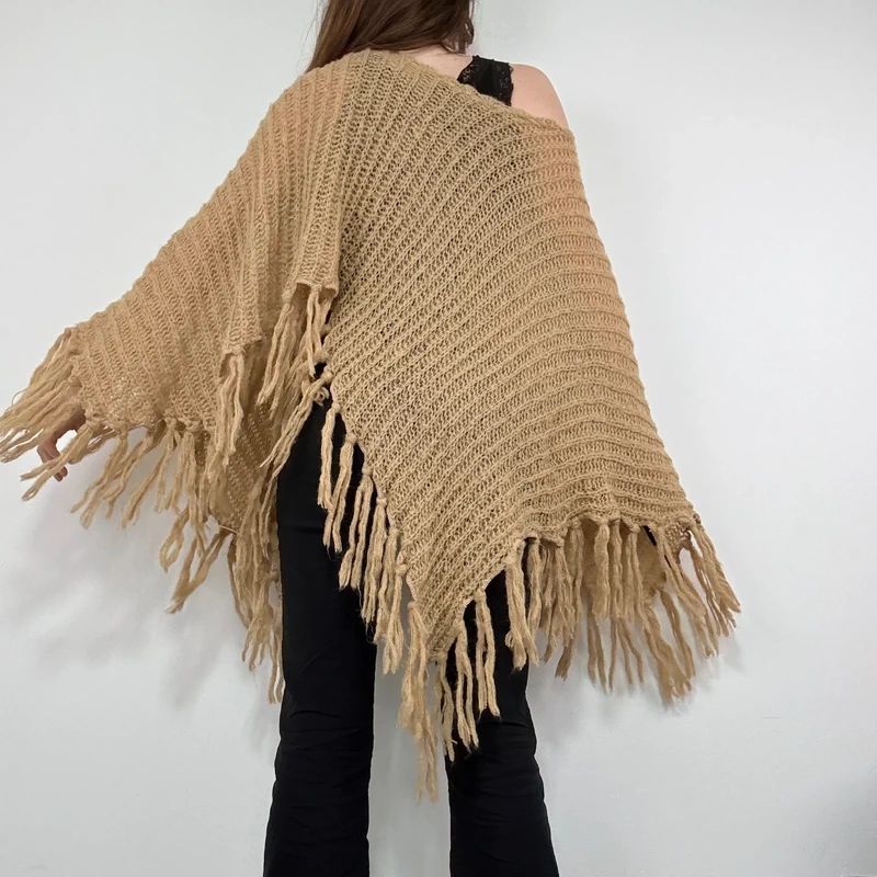 tan sheer knit crochet poncho
