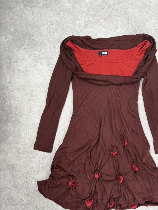 layered cinched long sleeve burgundy flared dress