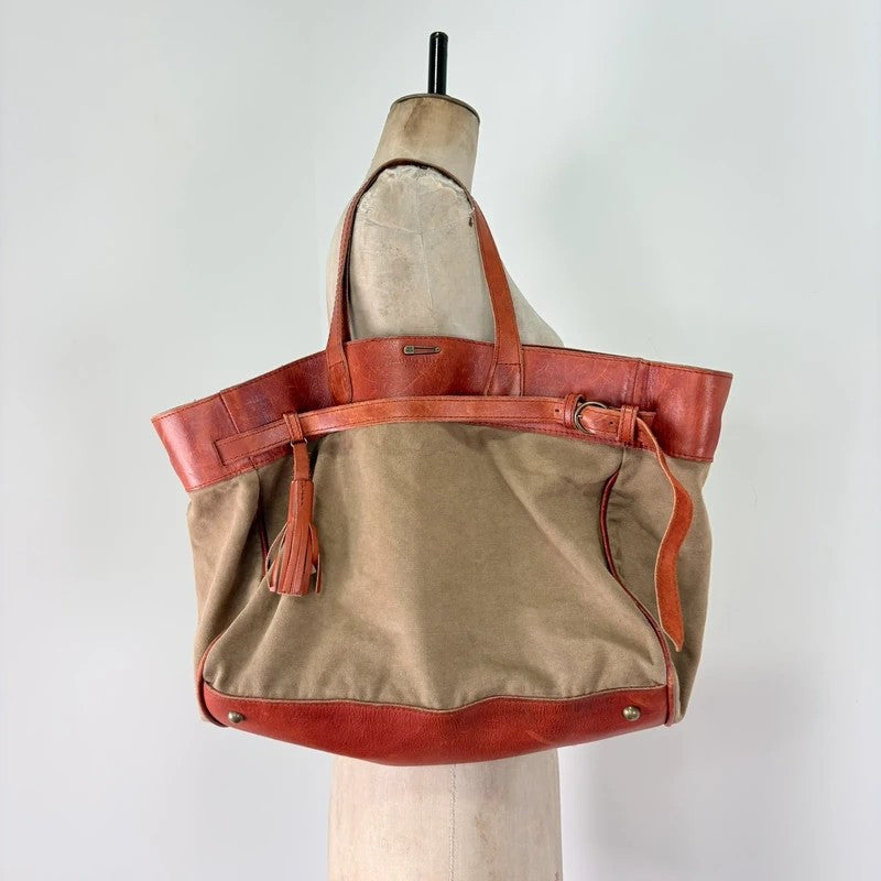 Slouchy oversized leather and canvas shoulder bag