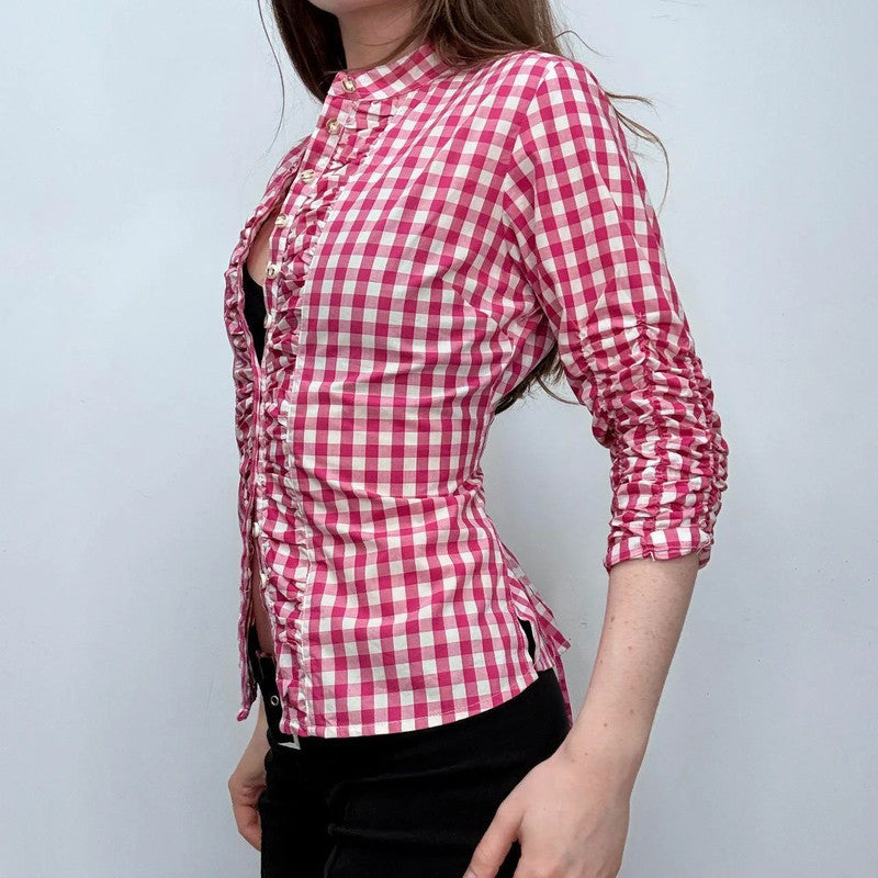 pink tartan ruffle ruched shirt