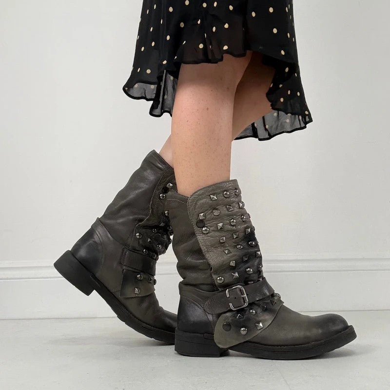 Grey studded slouchy leather boots