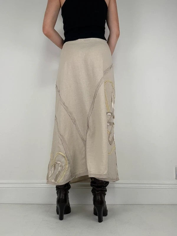 Beige linen flared flower ribbon skirt