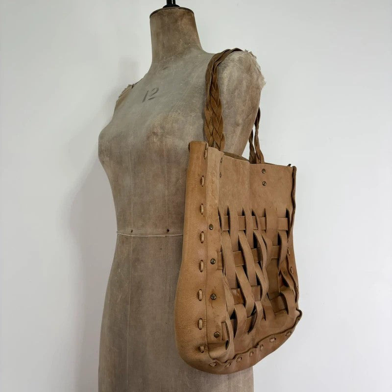 Beige leather woven distressed shoulder bag