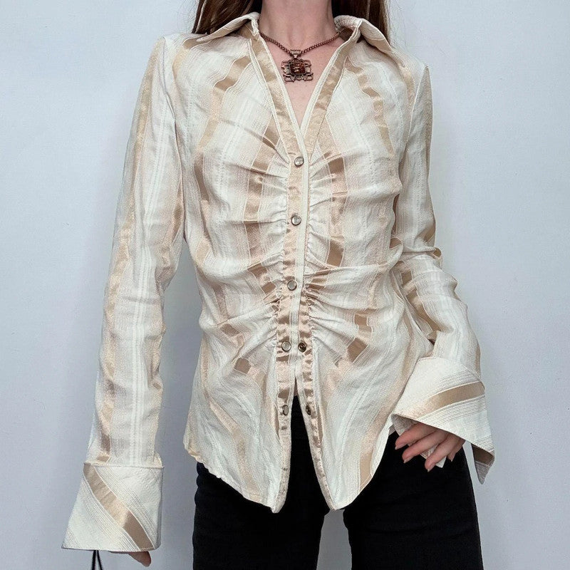 gathered cinched striped fitted shirt