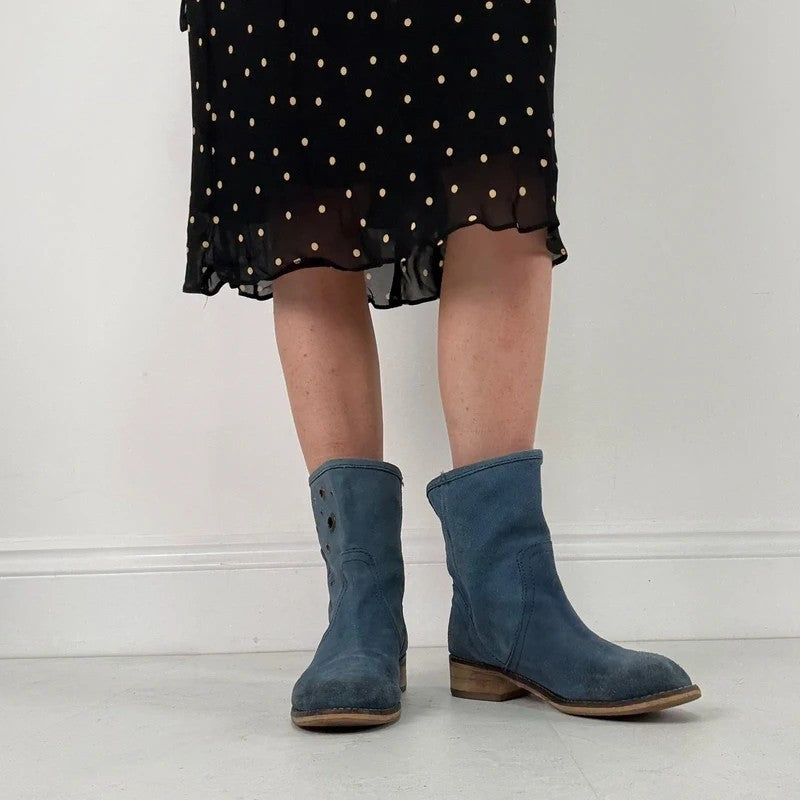 Blue suede studded eyelet ankle boots
