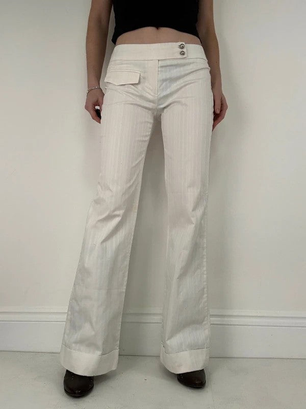 Lot rise white cotton pinstripe flared trousers