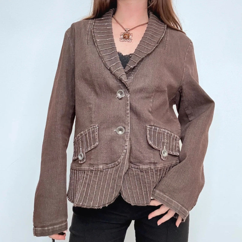 brown flared distressed pinstriped stitched jacket