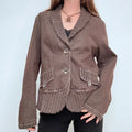 brown flared distressed pinstriped stitched jacket