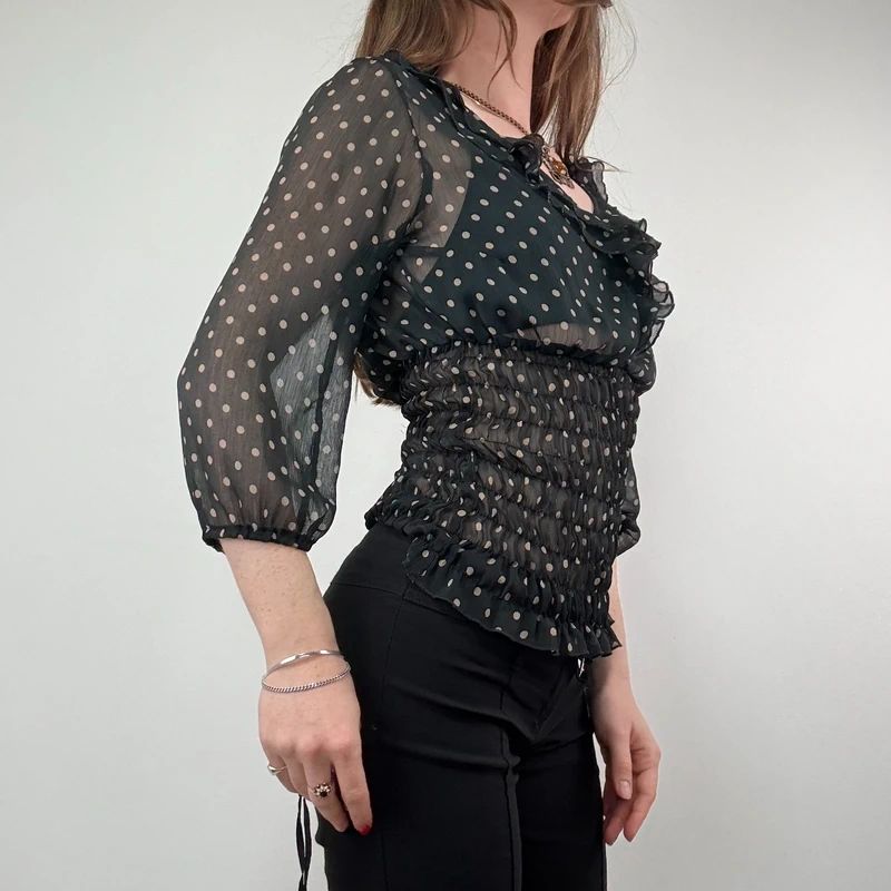 sheer black polkadot cinched shirt