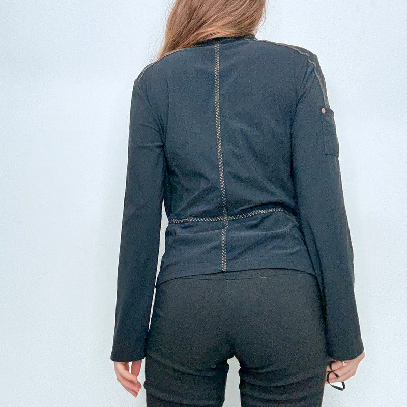 black fitted flared zip shirt