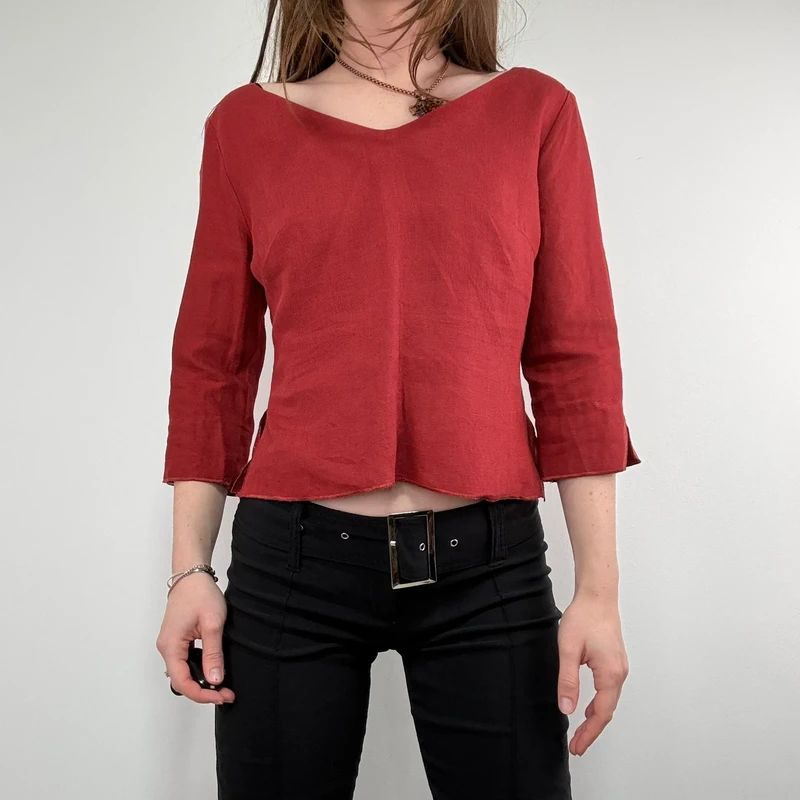 red linen flared fitted slit blouse top