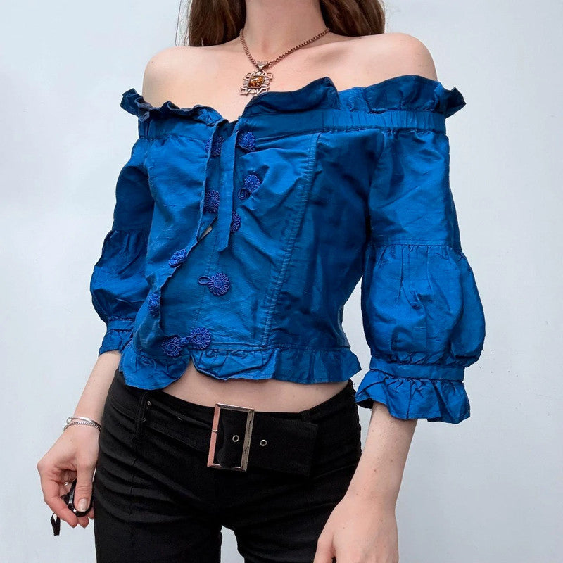 blue silk off the shoulder ruffle blouse