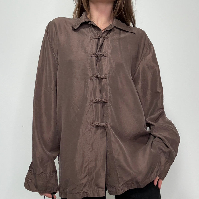 brown silk toggle shirt