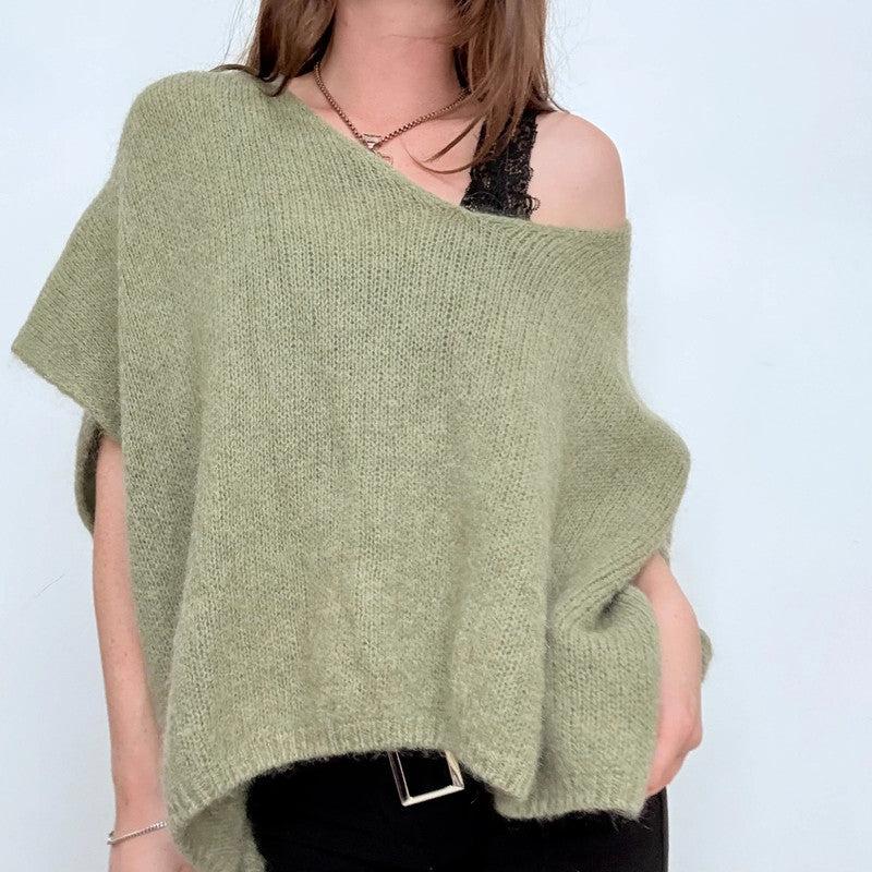 green slouchy off the shoulder jumper