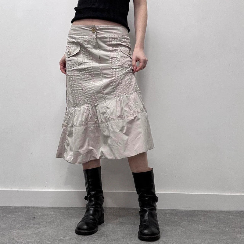 tan pleated flared midi skirt