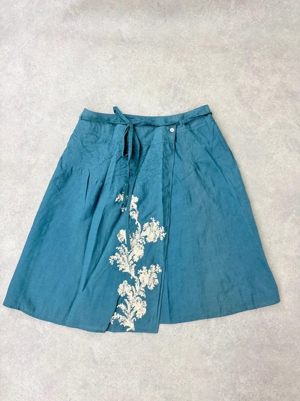 blue linen embroidered wrap lace midi skirt
