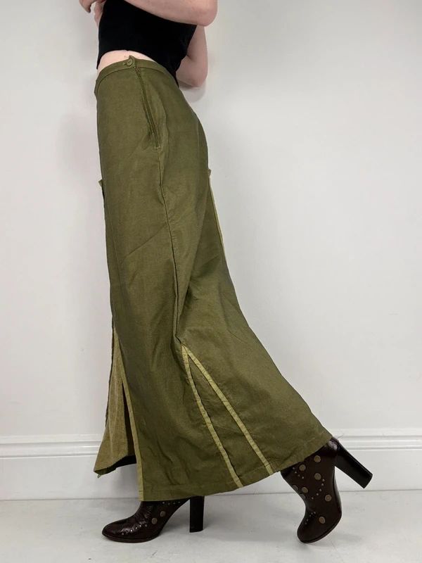 asymmetric khaki maxi skirt