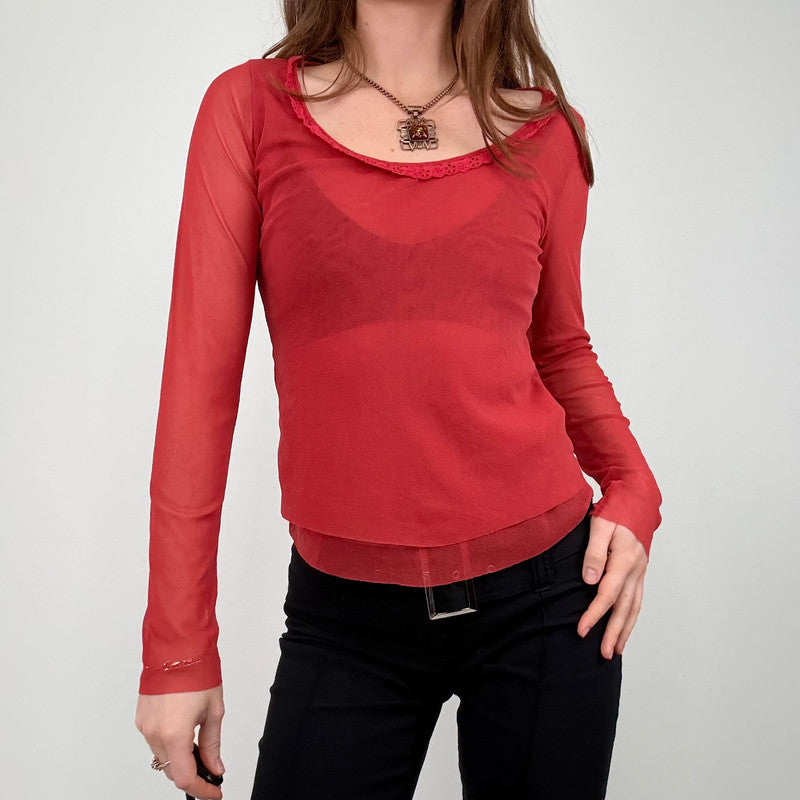 red sheer mesh layered long sleeve t-shirt