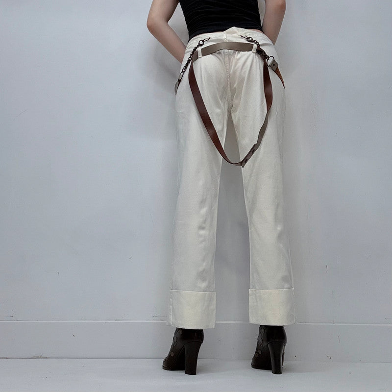 white low rise structured leather belted trousers