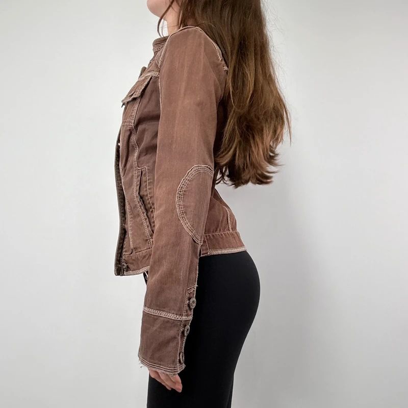 distressed brown cargo denim jacket