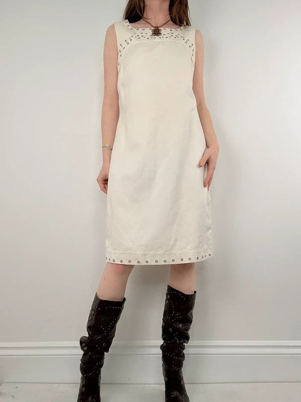 cream cotton linen a-line studded midi dress