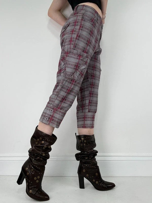 tartan checked red cargo denim capri pants