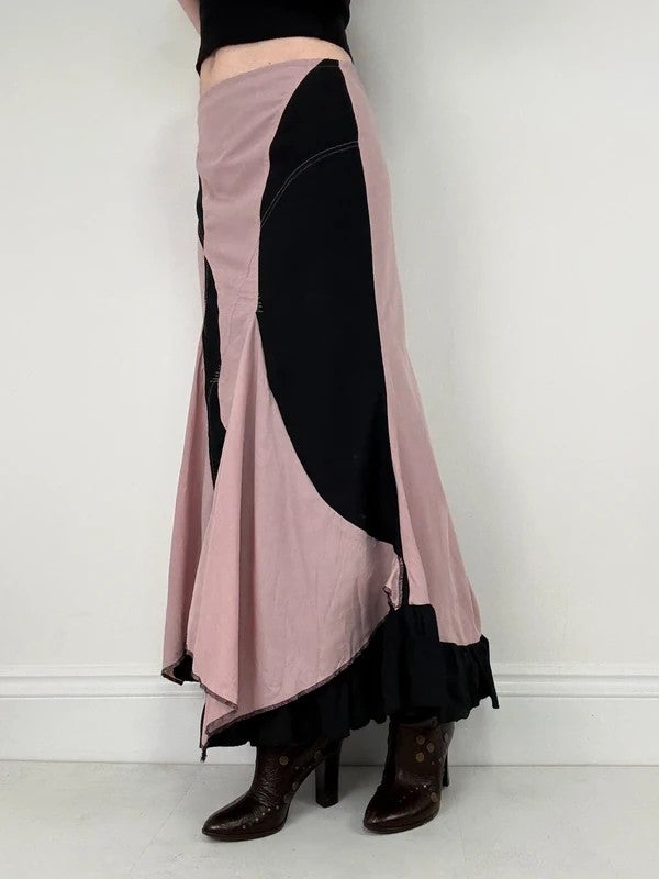 pink and navy gathered asymmetric flared maxi skirt