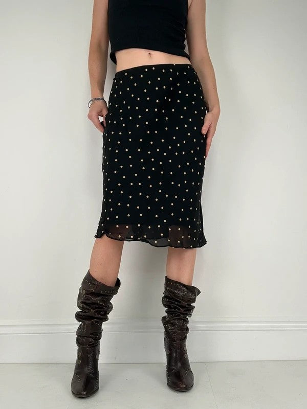Black and white polkadot flutter midi skirt