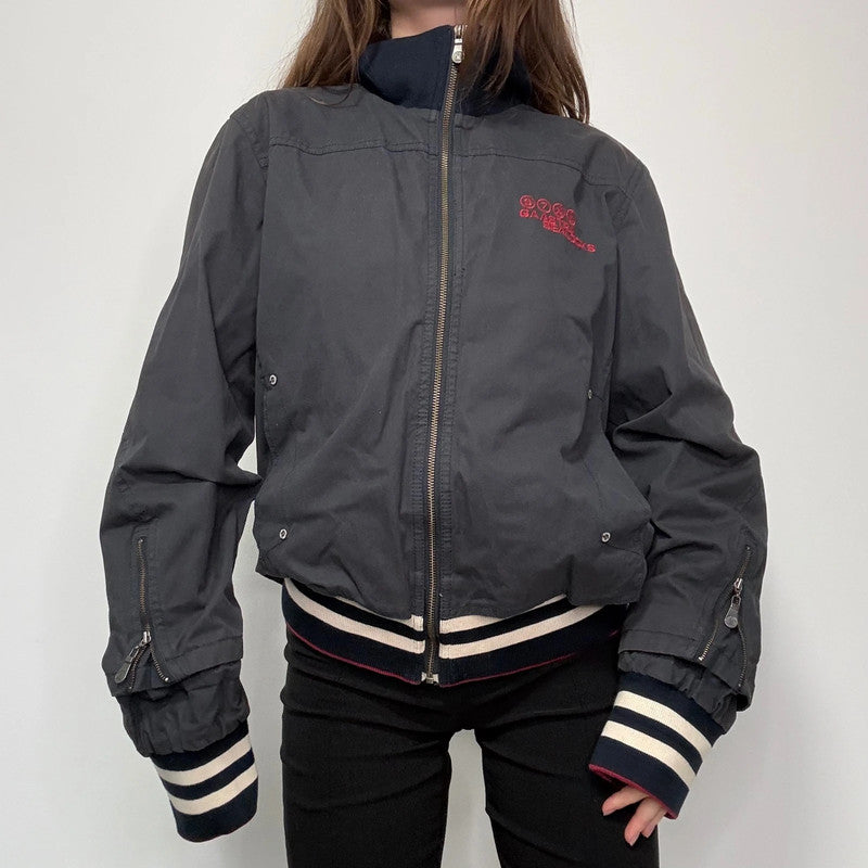 navy bomber jacket, thick striped waistband