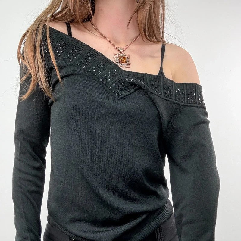 slouchy black off the shoulder glitter ribbed sweater