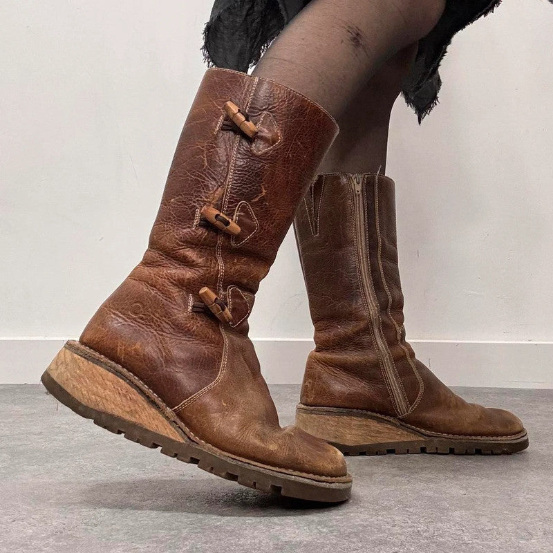 tan leather heeled toggle boots