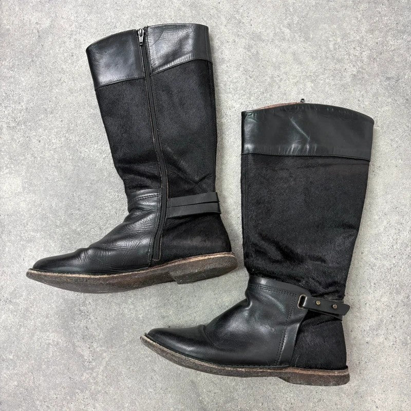 Black leather cowhide pony skin knee high boots