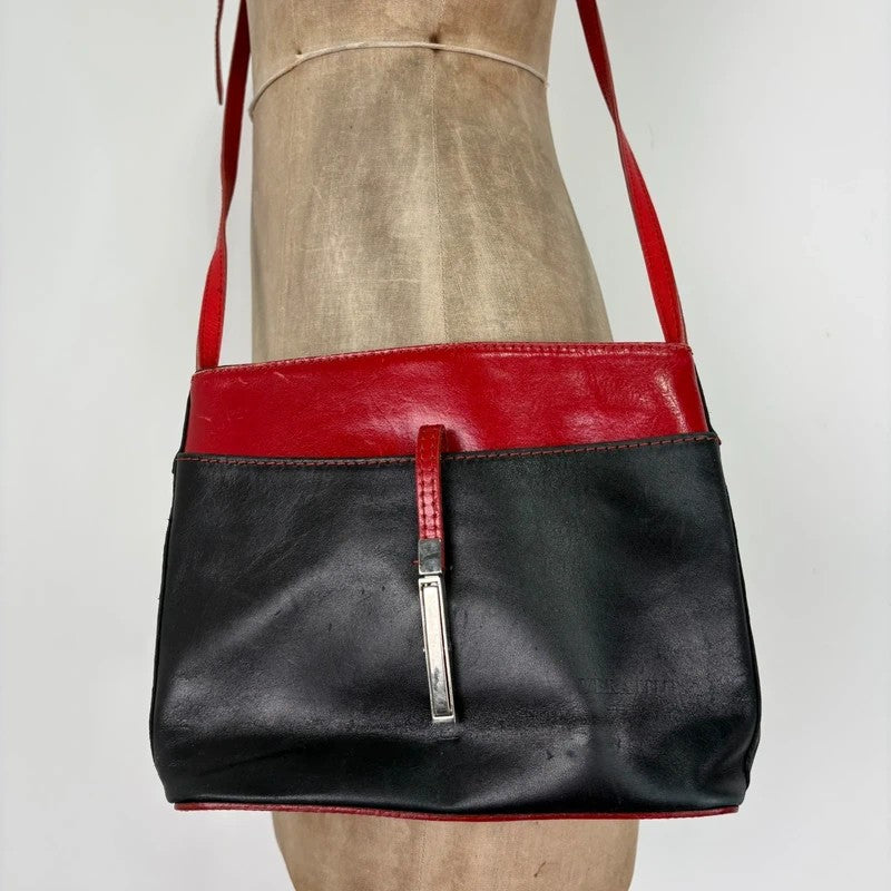 Black and red leather patient mini messenger bag