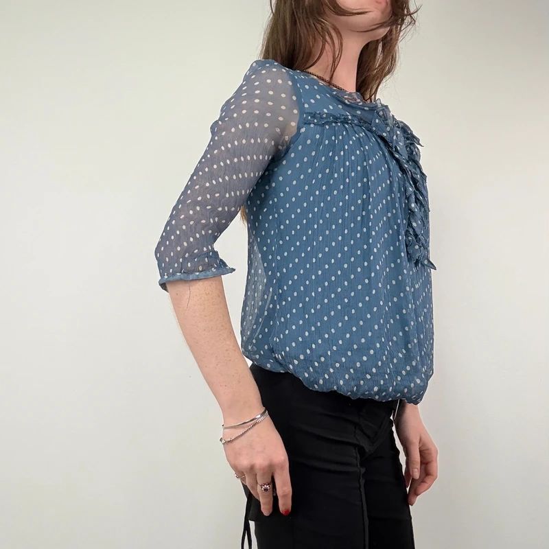 Blue Polka Dot Sheer Silk flutter Blouse
