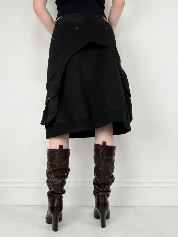 black layered utility midi skirt