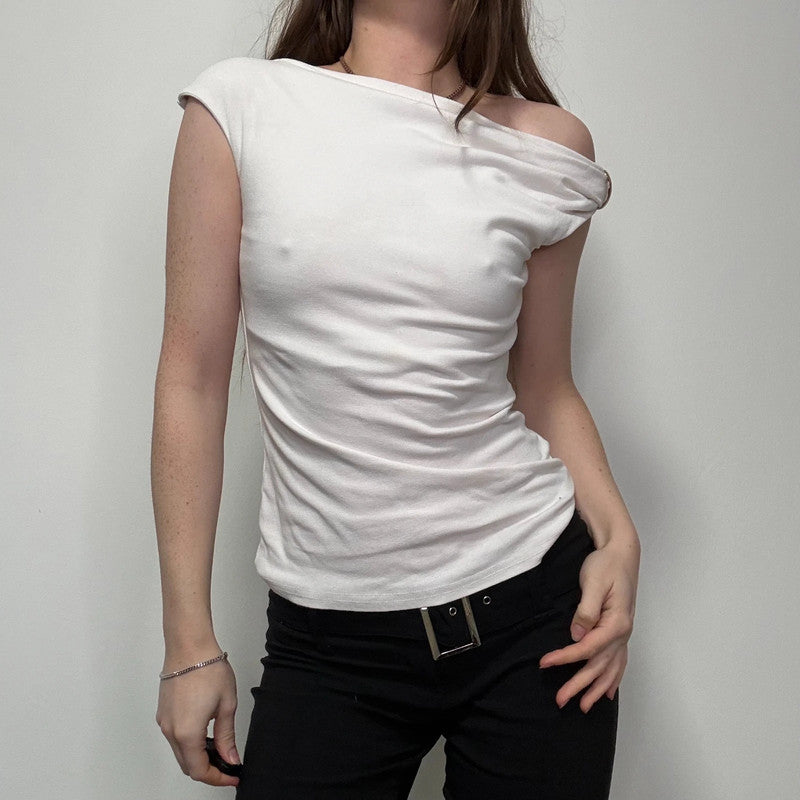 white asymmetric off the shoulder t-shirt
