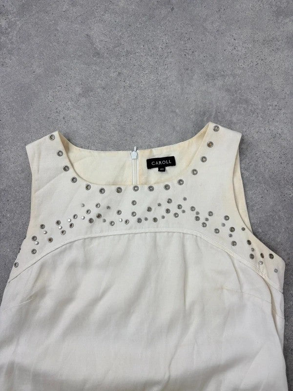 cream cotton linen a-line studded midi dress